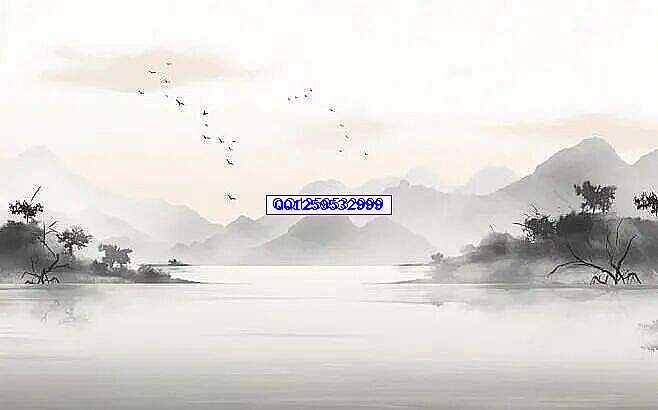 艺术河水烟雾水墨画插画图片