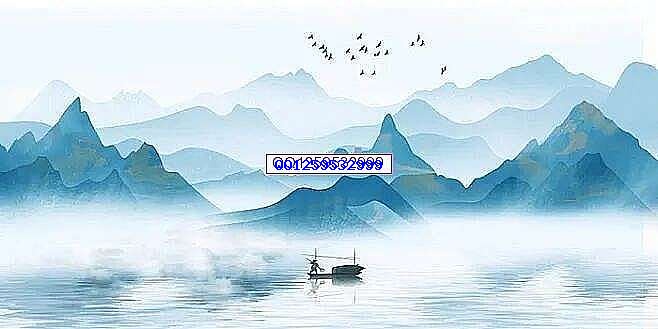蓝色简约复古唯美泛舟山水展板背景