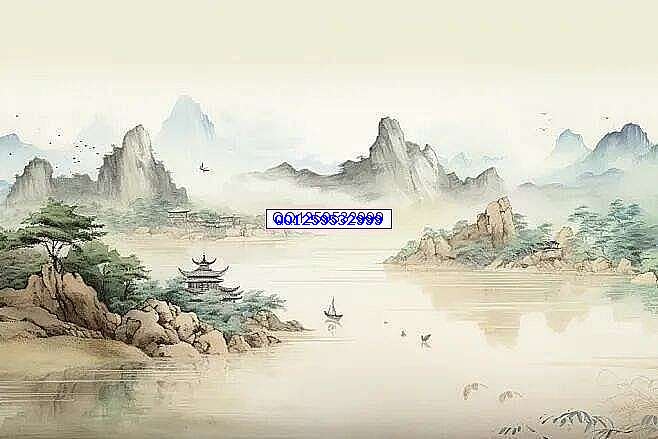 山水水墨画美景插画图片